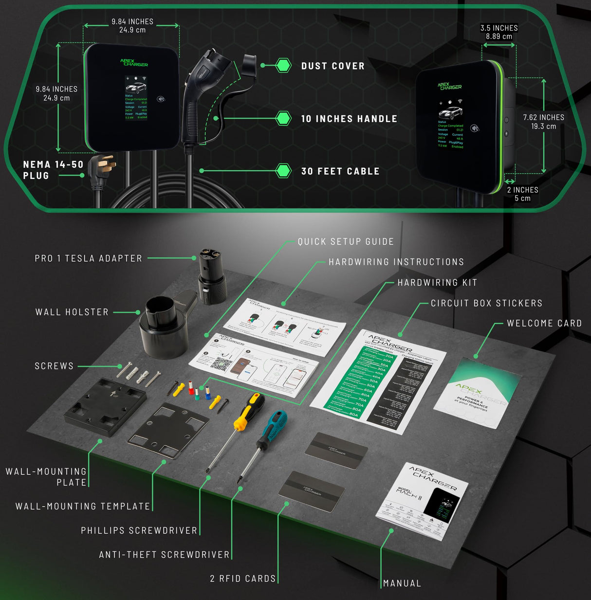 MACH 2:Fast Level 2 EV Charger 48 amp Garage-pro Wall-Mount. Electric Vehicle Charging Station 4 Nema 14-50 Outlet. J1772 car Connector. Key Accessories: 30ft Cable & Tesla NACS evse Portable Adapter ApexCharger