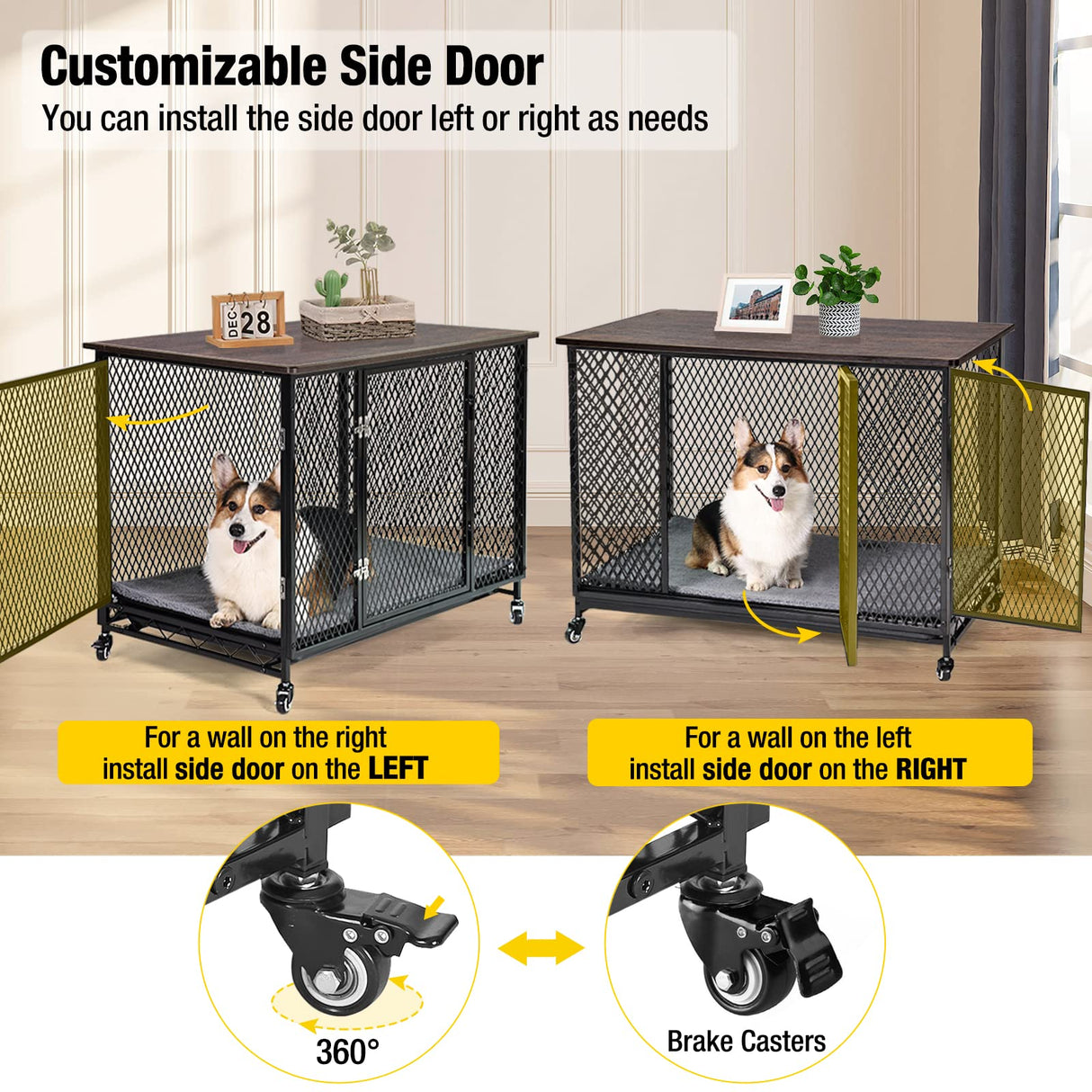 Aivituvin Dog Crate Furniture Movable Side End Table Indoor Dog Kennel for Small Medium Large Dogs Double-Doors Wooden Dog House with Cushion, Tray, Wire Floor(38.6") Aivituvin