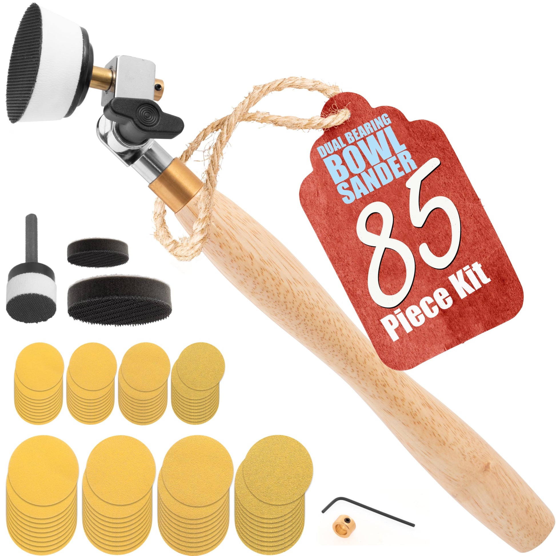 Bowl Sander Tool Kit w/Dual Bearing Head & Hardwood Handle | 85PC Wood Sander Set | 1" & 2" Hook & Loop Sanding Disc Sandpaper Assortment | 1/4" Mandrel Bowl Sander for Woodturning | Wood Lat - WoodArtSupply