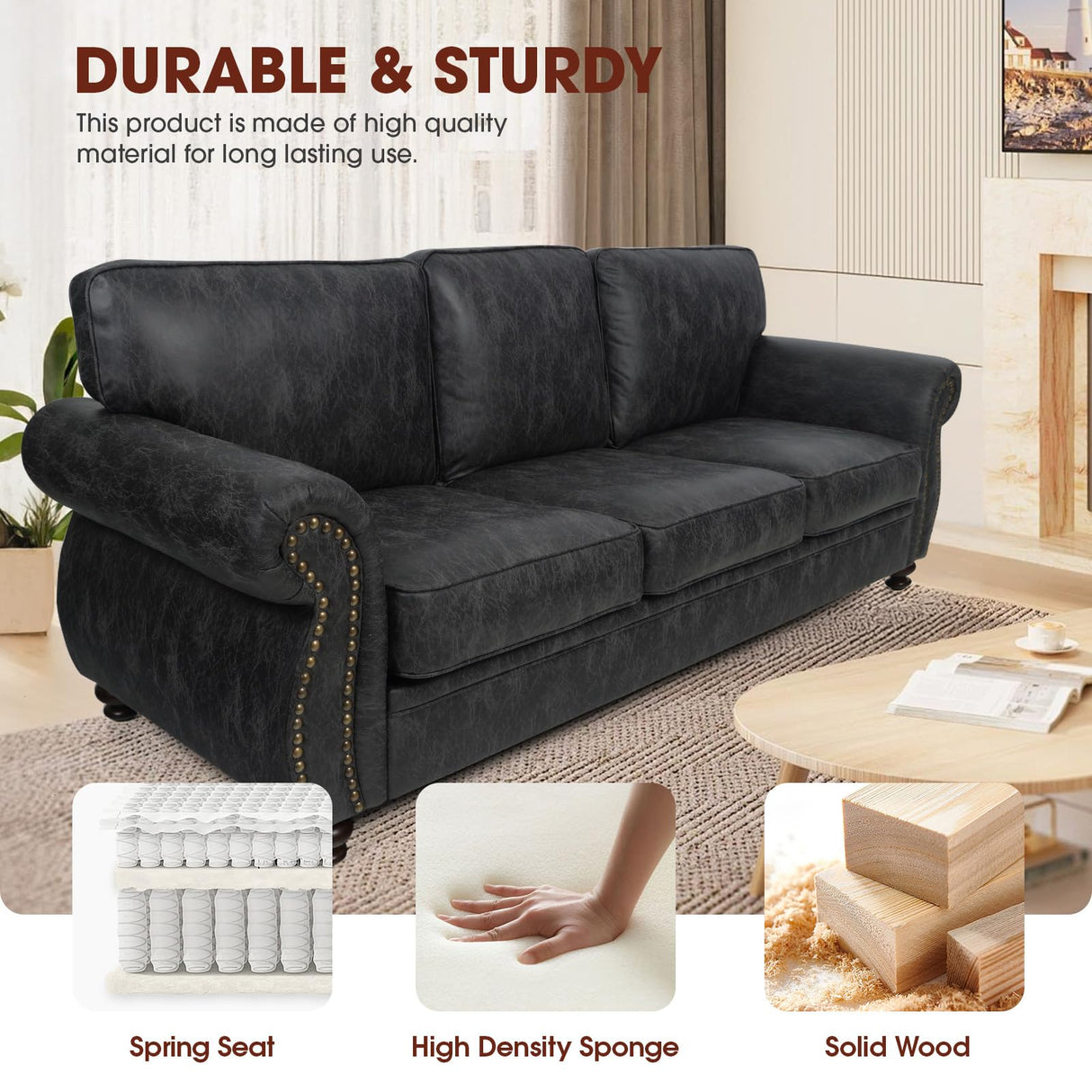 Couchus Mid-Century Vintage Sofa Couches with Rivet Design,loveseat Sofa,Removable Sofa Cover Upholstered Cushions and Solid Wood Frame (Grey, 3-Seater) Couchus