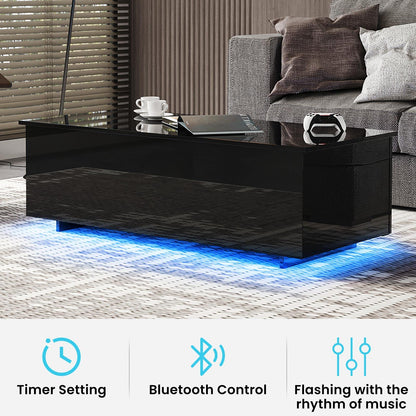 Led Coffee Tables for Living Room - High Gloss Table with Led Lights, 20 Colors Controlled by Remote or App, 47'' Lift Top Coffee Table with Storage Hidden Compartment, Black - WoodArtSupply