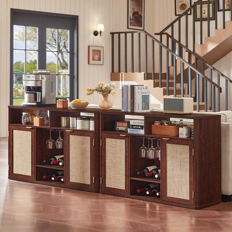 Lerliuo Rattan Wine Cabinet with 2 Doors, Boho Liquor Cabinet with Wine Racks, Farmhouse Coffee Bar Station for Living Room, Dining Room, Kitchen, Walnut Lerliuo