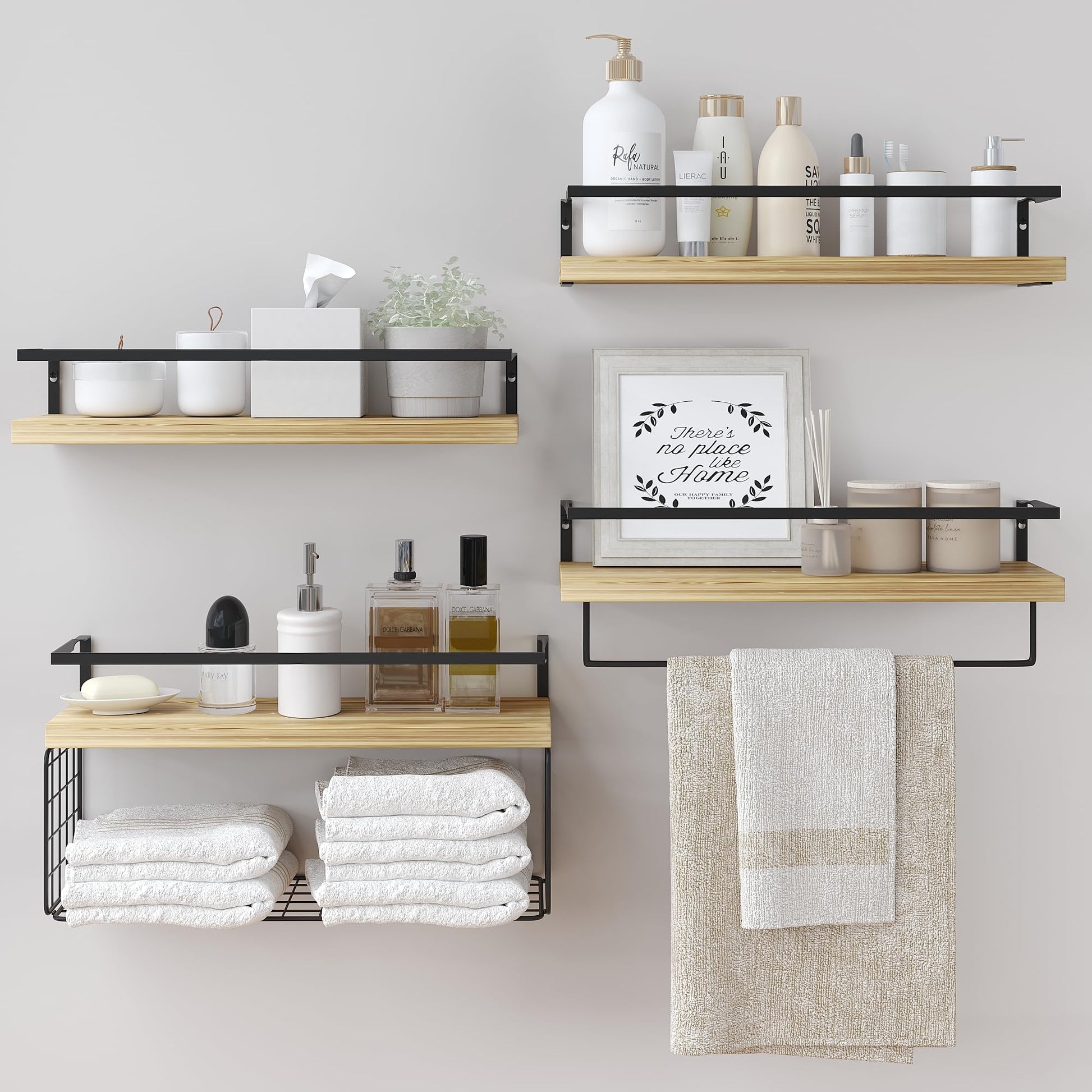 LUDORU Wood Floating Shelves Wall Mounted - 4+1 Tier Rustic Bathroom Wall Shelves Over Toilet with Wire Storage Basket and Towel Bar, Set of 4 Farmhouse Floating Shelf for Bathroom, Kitchen,  - WoodArtSupply