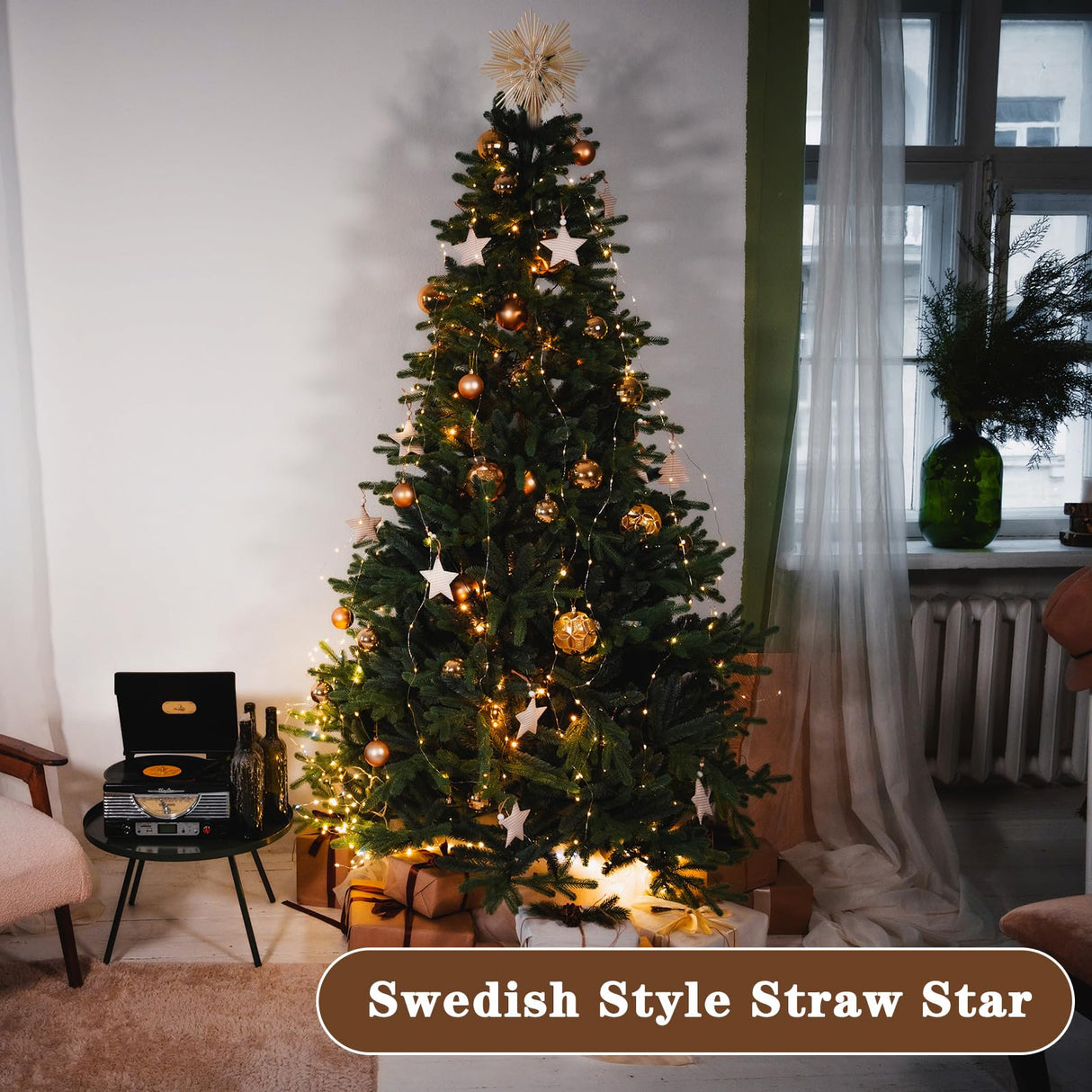 Lineshading Christmas Straw Star Snowflake Tree Topper Straw Ornaments 10 x 12 Inch Swedish Style Nordic Tree Topper for Christmas Tree Office Home Indoor Desktop Adults Decoration(Classic) Lineshading