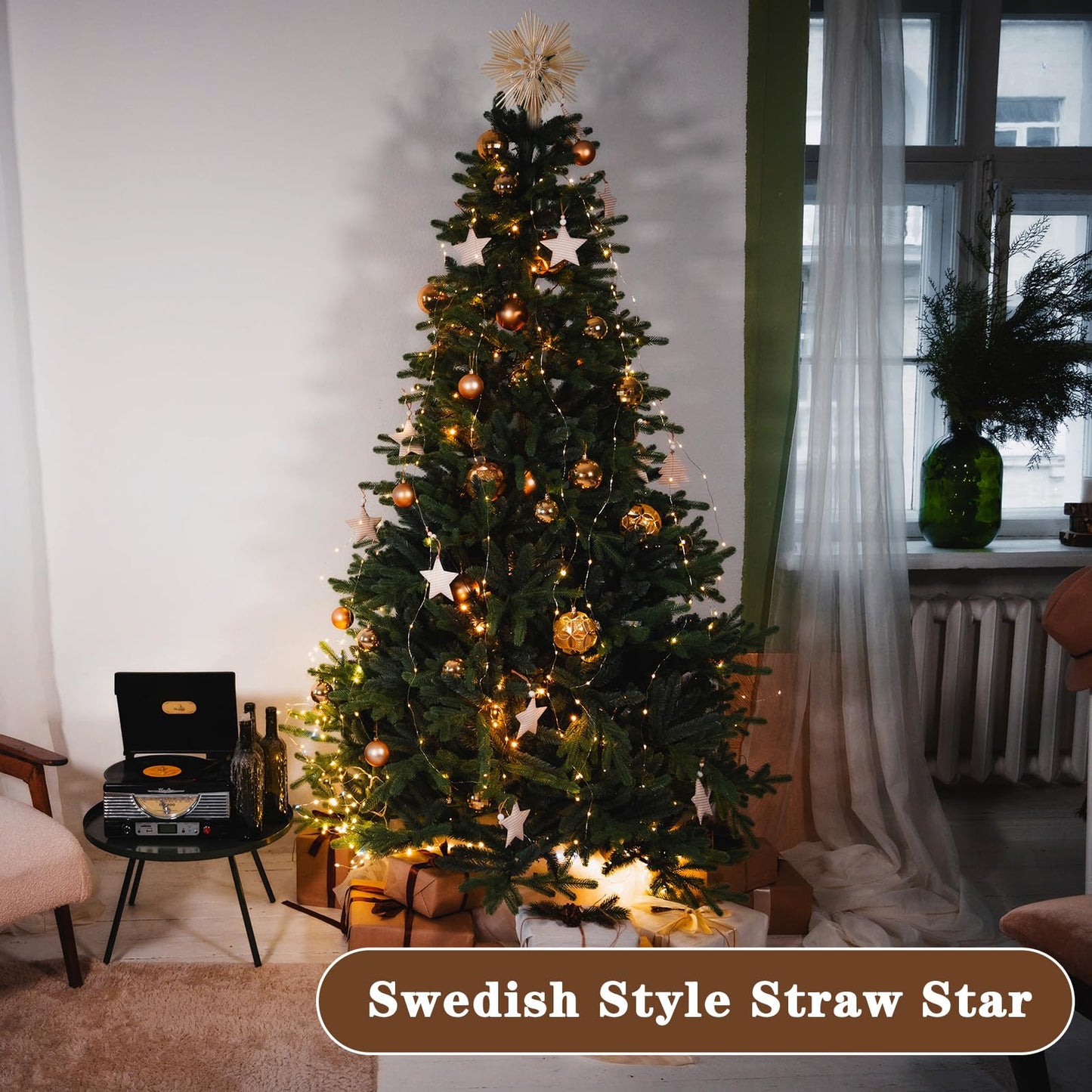 Lineshading Christmas Straw Star Snowflake Tree Topper Straw Ornaments 10 x 12 Inch Swedish Style Nordic Tree Topper for Christmas Tree Office Home Indoor Desktop Adults Decoration(Classic)