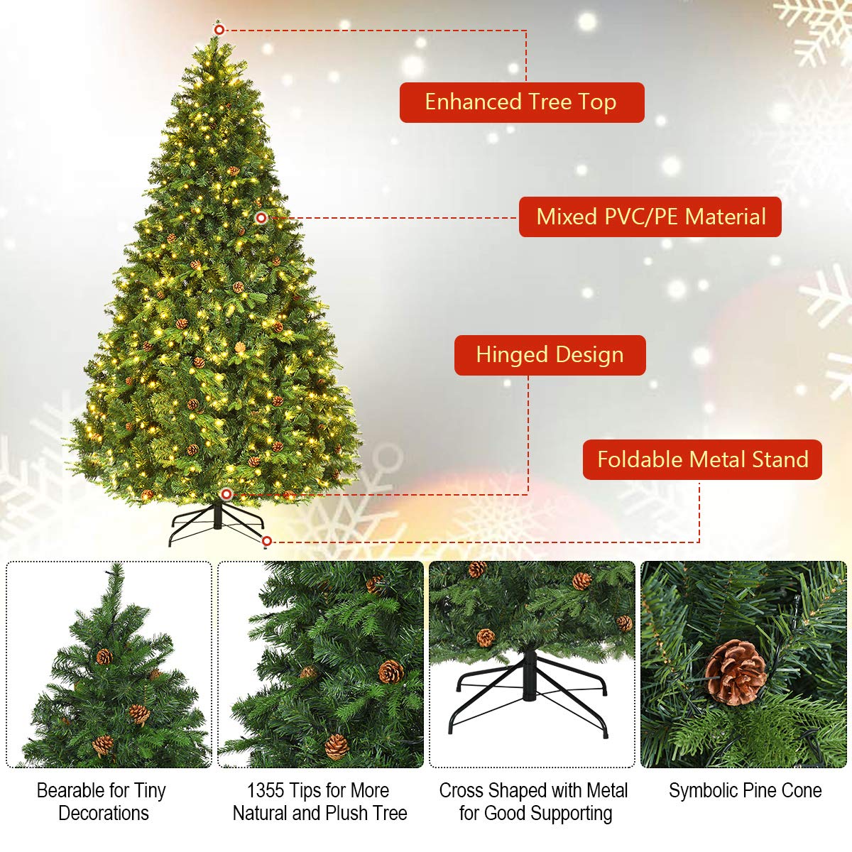 Goplus 8ft Pre-Lit Artificial Christmas Tree, Premium Spruce Hinged Tree 600 LED Lights and Pine Cones, Xmas Tree for Holiday Indoor Décor