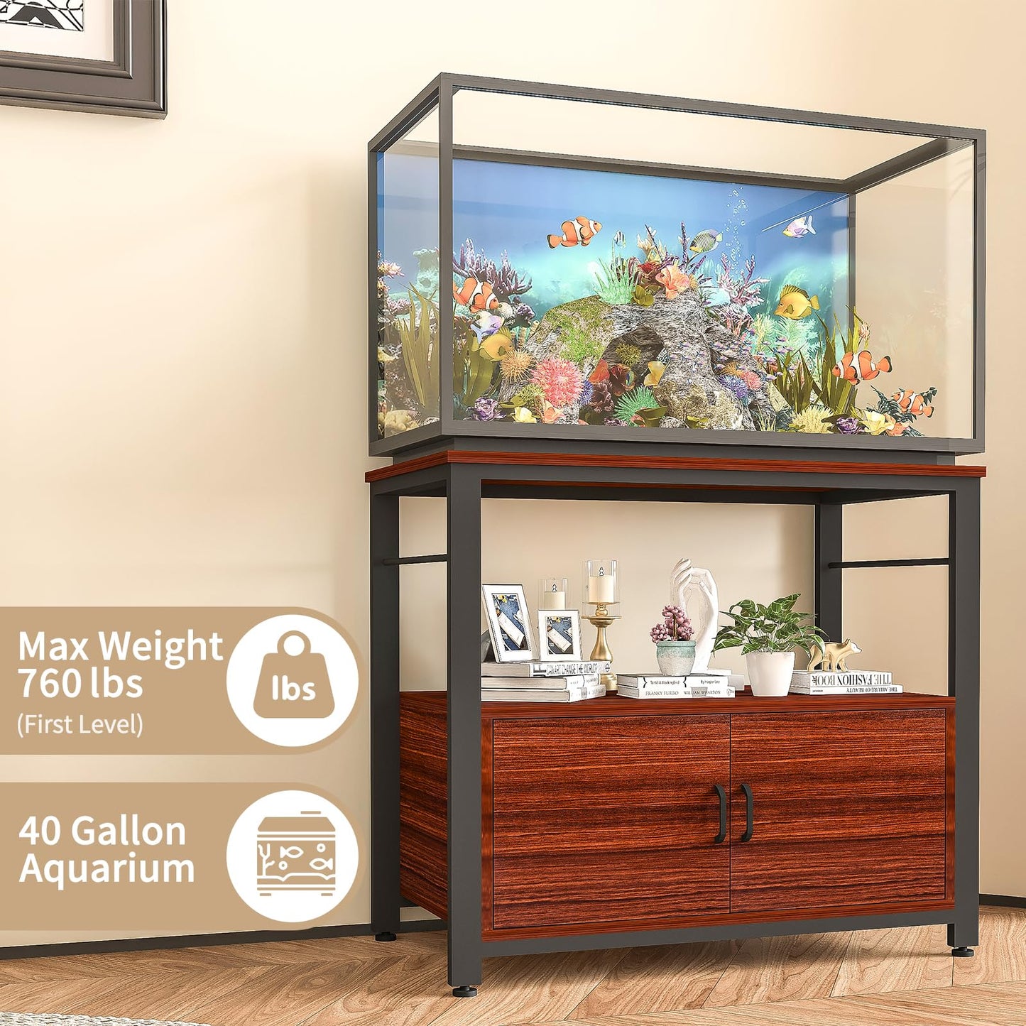 Avolander Fish Tank Stand Metal Aquarium Stand with Cabinet Accessories Storage 40-50 Gallon, Double Layer Metal with Storage Weight Capacity 760lbs, Black Teakwood Brown