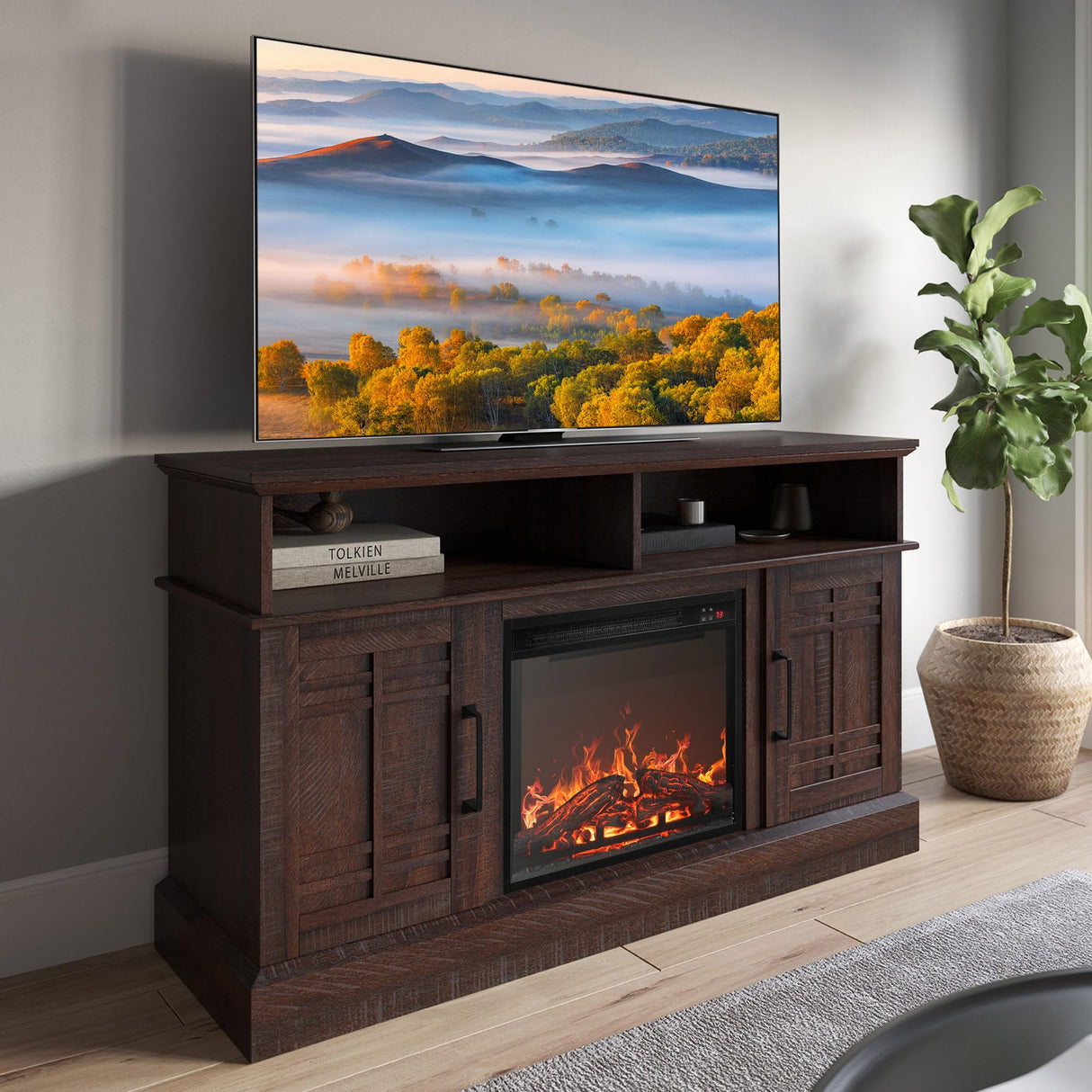 BELLEZE 48" TV Stand with 18" Electric Fireplace Heater, Modern TV Stand for TVs up to 50", Entertainment Media Stand with Open Shelves and Storage Cabinets for Living Room, Bedroom (Espresso) BELLEZE