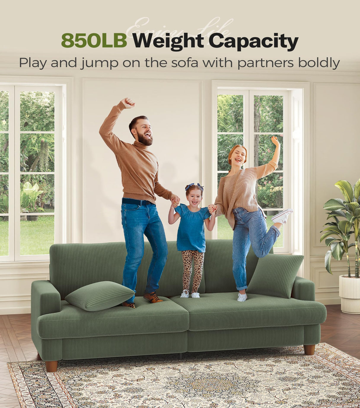 Kidirect 87in Green Sofa, Couches for Living Room 21in Extra Deep Seats, Comfy Corduroy Sofas for Living Room No Tool Assembly, Modern Oversized Love Seat with 2 Pillows, Sofa Couch for Bedroom Kidirect