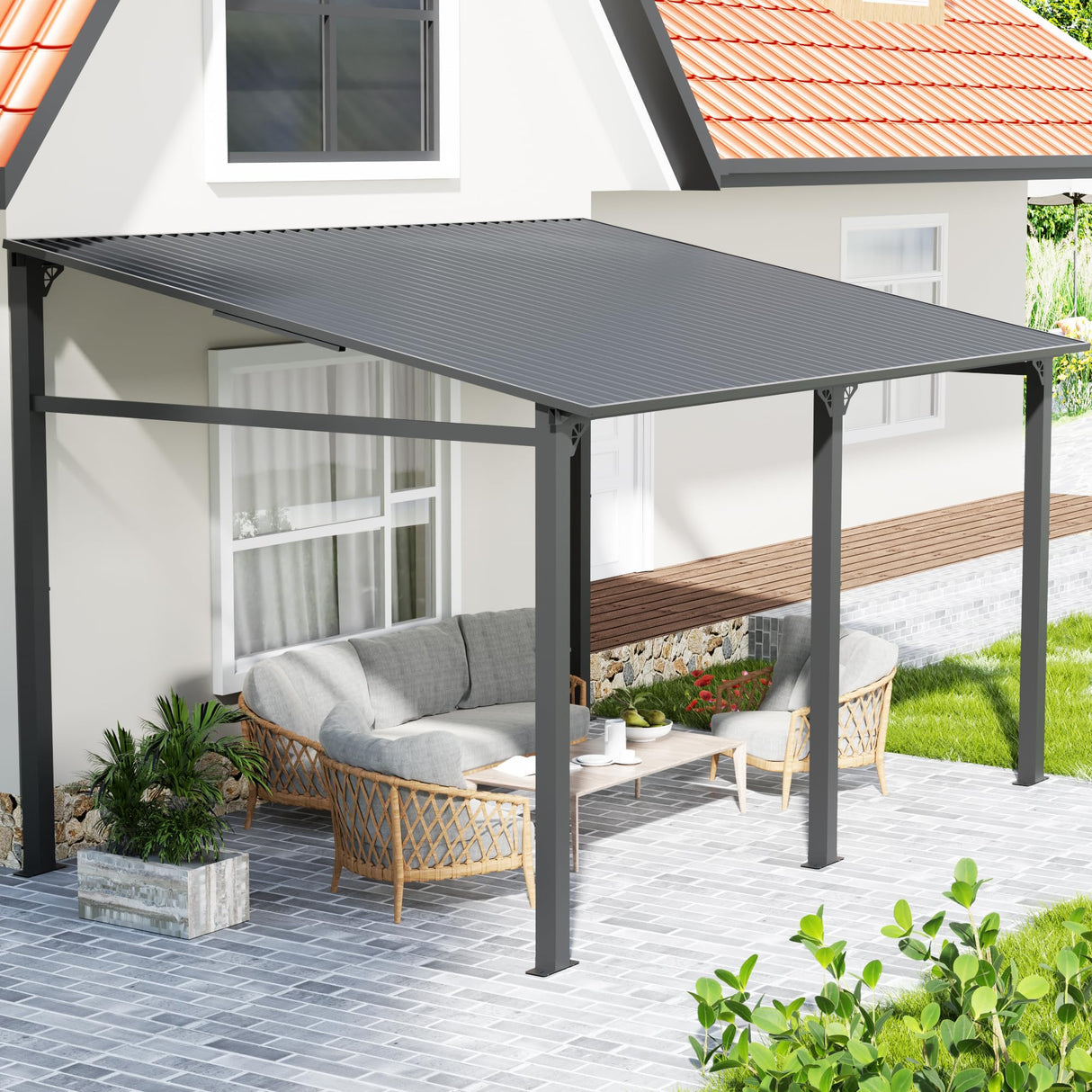 EBE 14' x 10' Hardtop Gazebo, Lean to Gazebos with Galvanized Steel Roof, Heavy Duty Outdoor Pergola and Gazebos Clearance, Wall Mounted Grill Gazebo Awning for Patio, Poch, Backyard EBE