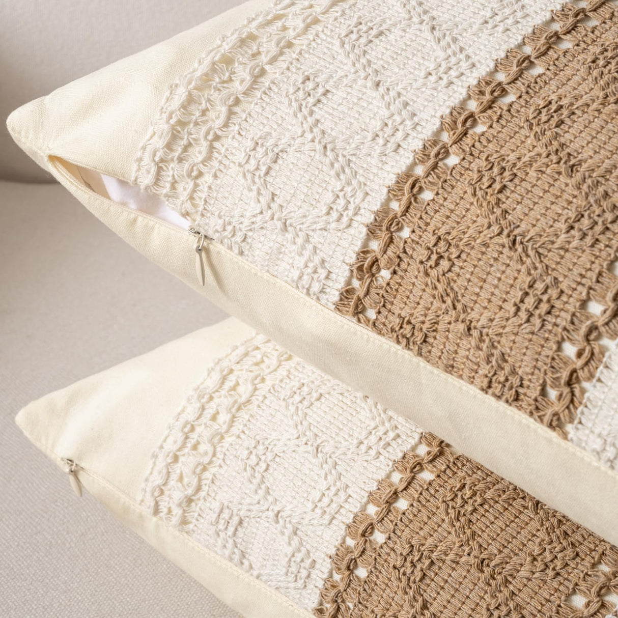 DBoer Brown Boho Cotton Throw Pillow Covers 18x18 Inch Rustic Farmhouse Decorative Pillowcases Retro Macrame Woven Square Cushion Cases for Sofa Couch Bed Living Room Home Decor Set of 2 DBoer