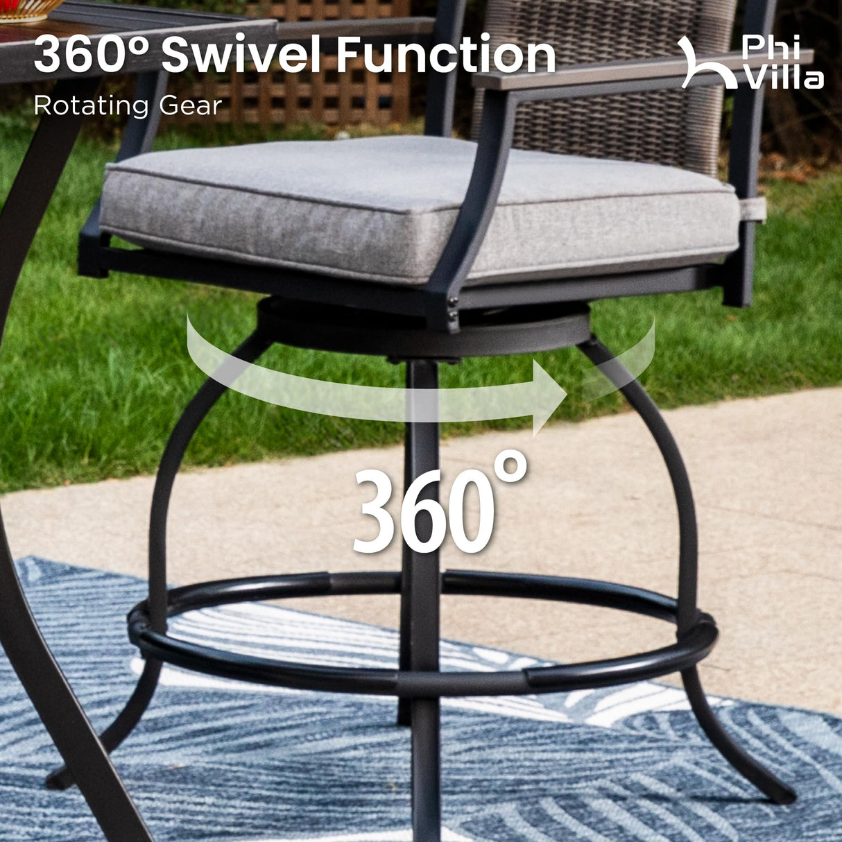 PHI VILLA 5 PCS Outdoor Counter Height Table and Chairs,Swivel Outdoor Bar Chairs with Grey Cushion and Metal bar Table for All Weather,Patio High Dining Set for Indoor,Garden,Yard PHI VILLA