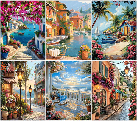 MBNTJHT 6 Pack Scenery Paint by Numbers Kit for Adults,Landscape Paint by Number Kits with Unframed Canvas,Streets and Sea Views Watercolor Art Painting Kits Crafts for Home Decor 12X16 Inch. MBNTJHT