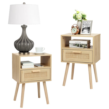 Finnhomy Nightstands Set of 2, End Table, Nightstand, Side Table with Hand Made Rattan Decorated Drawers, Wood Accent Table with Storage for Bedroom, Natural - WoodArtSupply