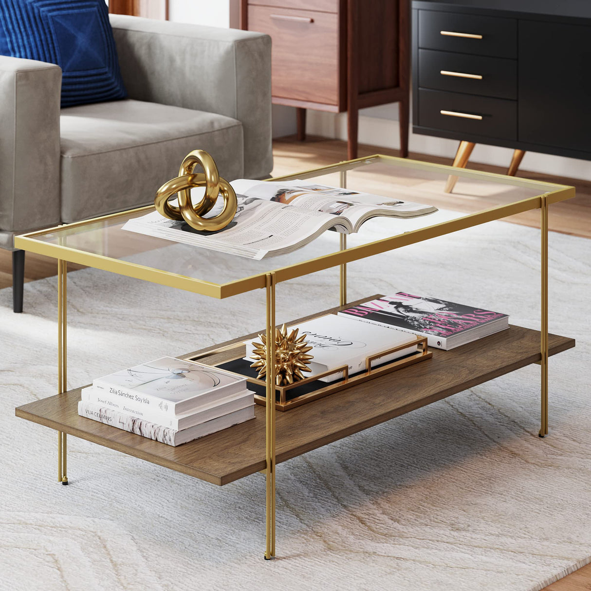 Nathan James Asher Mid-Century Rectangle Coffee Table Glass Top and Rustic Oak Storage Shelf with Sleek Brass Metal Legs, Gold Nathan James