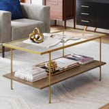 Nathan James Asher Mid-Century Rectangle Coffee Table Glass Top and Rustic Oak Storage Shelf with Sleek Brass Metal Legs, Gold Nathan James