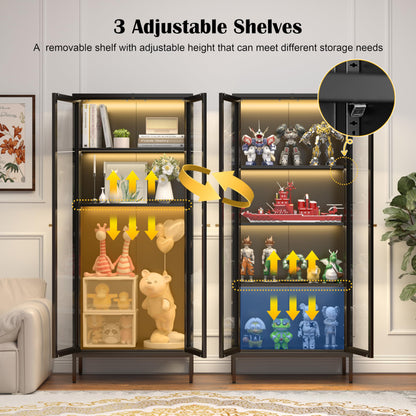 SteeLoong Glass Display Cabinet with 3 Color Lights,66”Metal Black Display Cabinet with Glass Doors and 3 Adjustable Shelves,Curio Display Case for Livingroom,Office