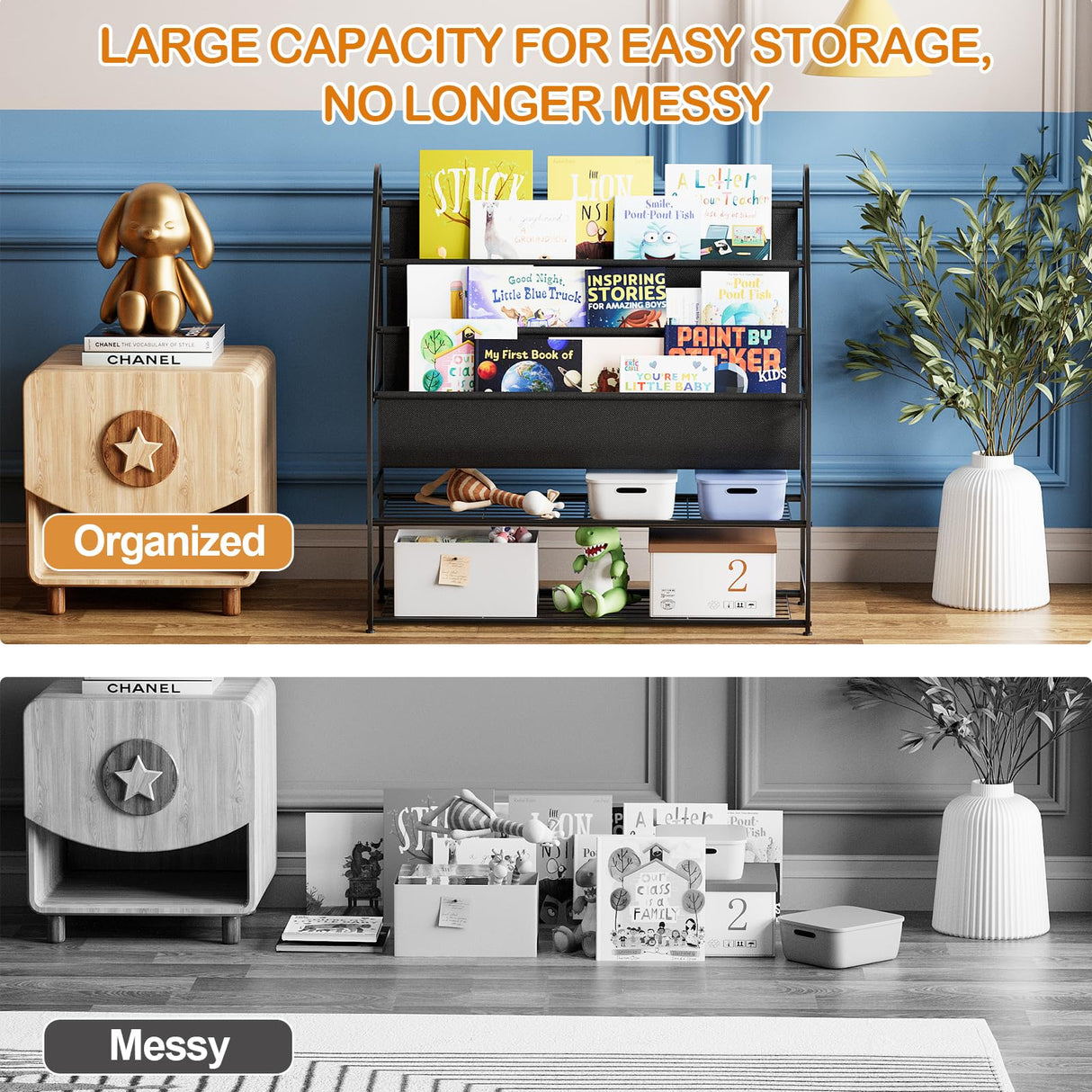 aboxoo Kids Bookshelf Freestanding Bookcase for Children Room, 32 in Book Shelves with 4 Deep Pockets Toy Organizer Large Stable Book Unit Storage for Bookstore Library Living Room,Black aboxoo