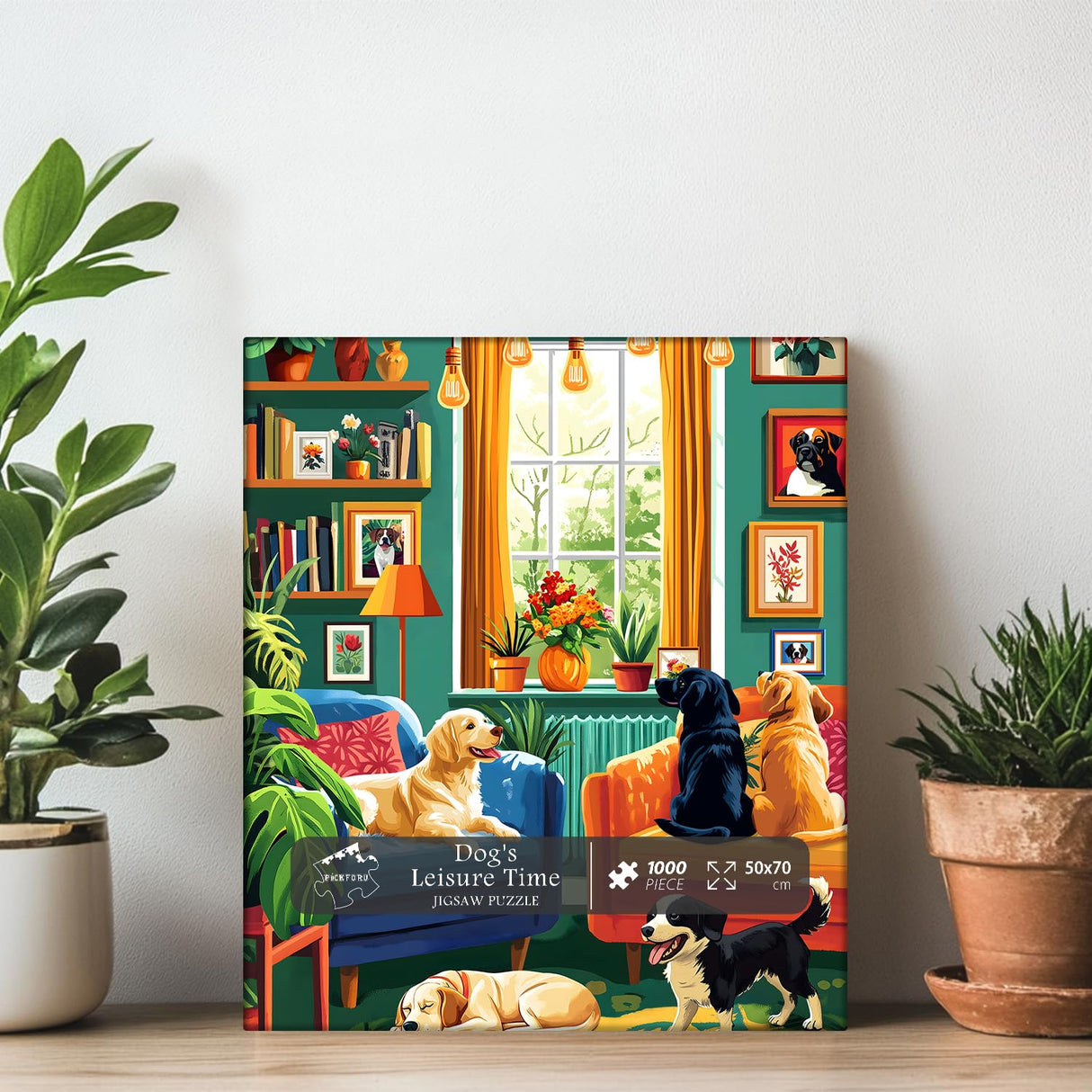 PICKFORU Dog Puzzles for Adults 1000 Pieces, Vintage Puppy Jigsaw Puzzle Houseplant，Unique Living Room Puzzle as Home Art PICKFORU