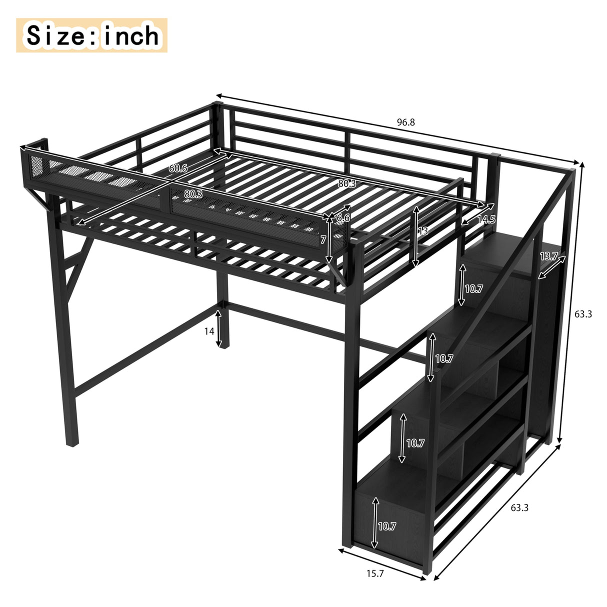 TCMILA Queen Size Loft Bed with Convertible Storage Stairs, LED, USB-Port, Heavy Duty Metal Frame with Open Wardrobe, Kids, Adults, Boys, Bedroom, No Box Spring Needed, Black TCMILA