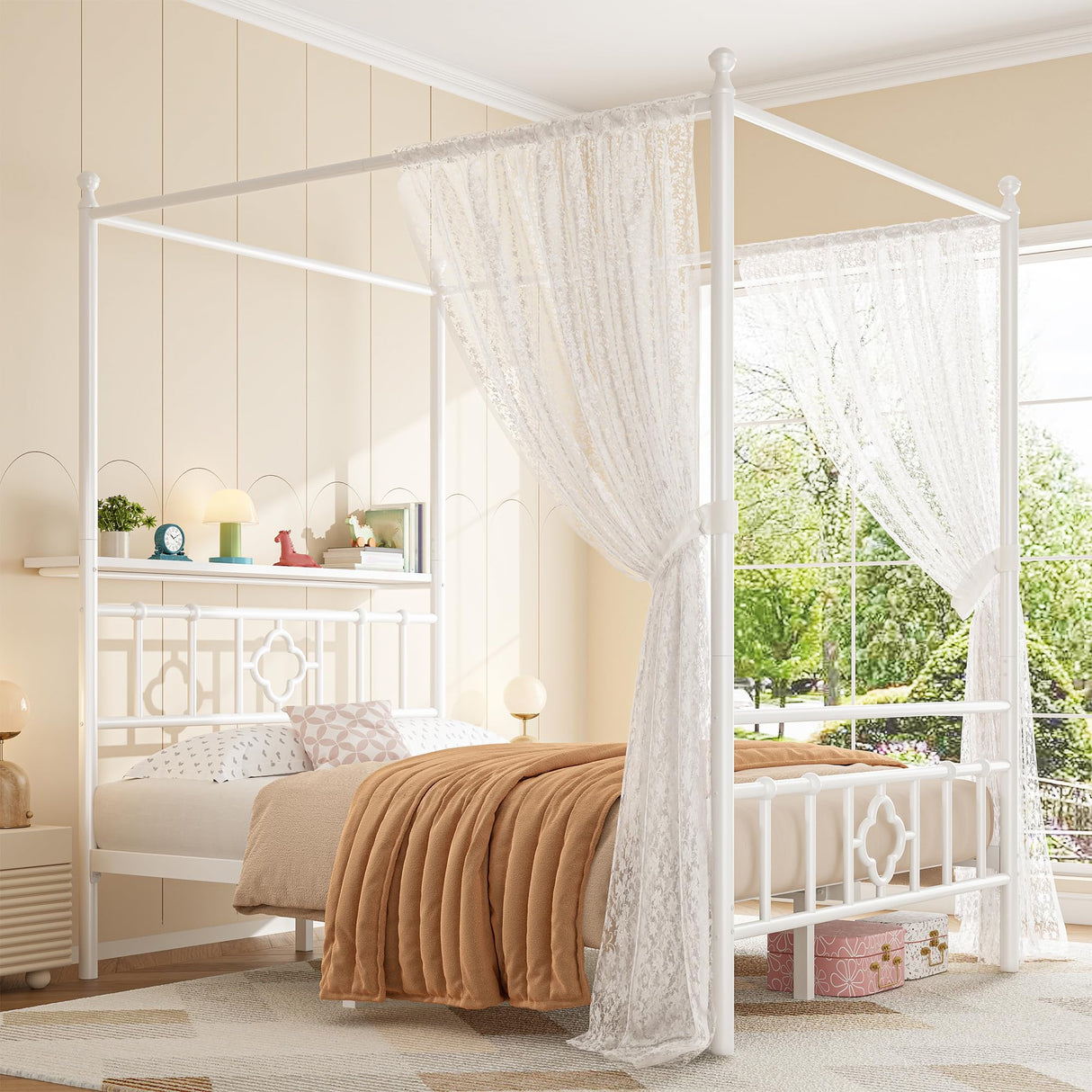 Homkdom Canopy Bed Frame with Storage Headboard, Full Size Bed Frame with 4 Removable Posts, Sturdy Metal Platform with Under-Bed Storage, Dual Purpose Bed Frame, No Box Spring Needed, White Homkdom