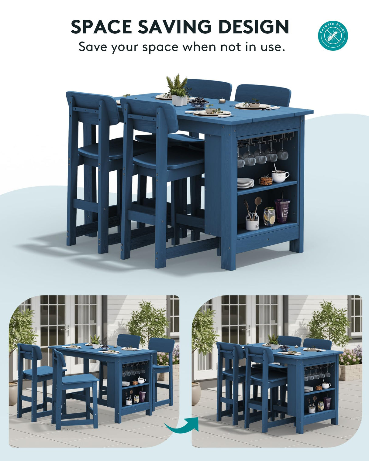 SERWALL Outdoor Bar Table, All Weather HDPE 36" Counter Height Dining Table with Storage and Wine Rack for Patio, Garden, Backyard, Balcony, Poolside, Blue SERWALL