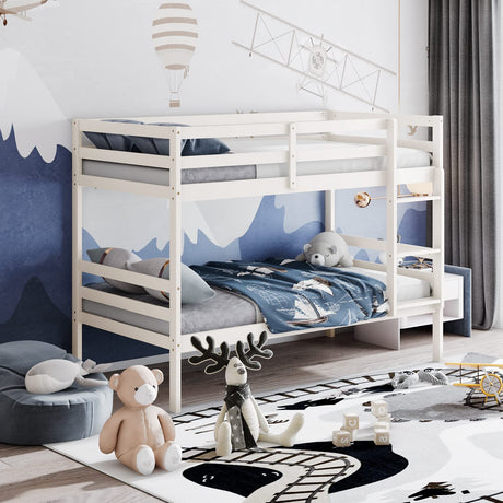 KOMFOTT Wood Bunk Bed Twin Over Twin, Bunk Bed with Ladder & Safety Guardrail, Solid Wood Bed Frame, Ideal for Dormitory & Multiple-Child Family, No Box Spring Needed, Kids Bed Frame KOMFOTT