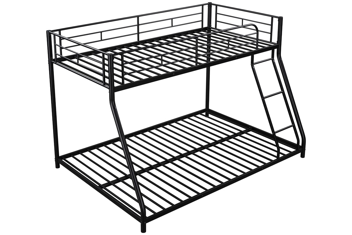 Majnesvon Metal Floor Bunk Bed, Twin Over Full Low Bunk Bed, Heavy Duty Frame with Sloping Ladder and Safety Guardrails for Teens Adults, No Box Spring Needed,Easy Assembly (Black) Majnesvon