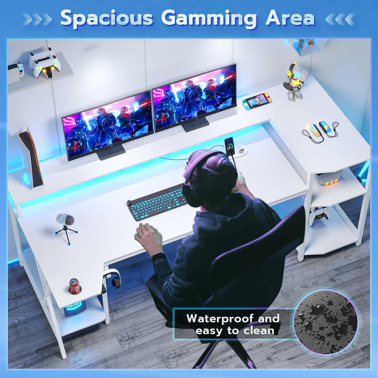 SEDETA White Gaming Desk 70.8'' with LED Lights and Storage Shelves, Computer Desk with Monitor Stand, Power Outlets and Cup Holder, Large PC Gamer Desk, Gaming Table for Bedroom, Living Room SEDETA