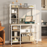 YITAHOME Microwave Stand Bakers Rack w Power Outlet, Coffee Bar Kitchen Freestanding Utility Storage Shelf for Pantry Appliance Spice Pot Pan Organizer w Thickened Counter 6 Hook 39", Oak & White YITAHOME