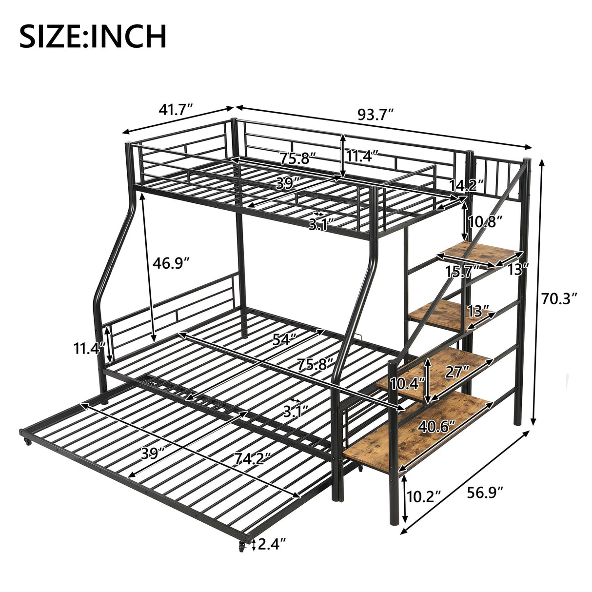 Twin Over Full Metal Bunk Beds with Trundle,Heavy-Duty Metal Bunk Bed Frame with Storage Staircase for Kids,Teens,Adults,Space-Saving,Black Bellemave