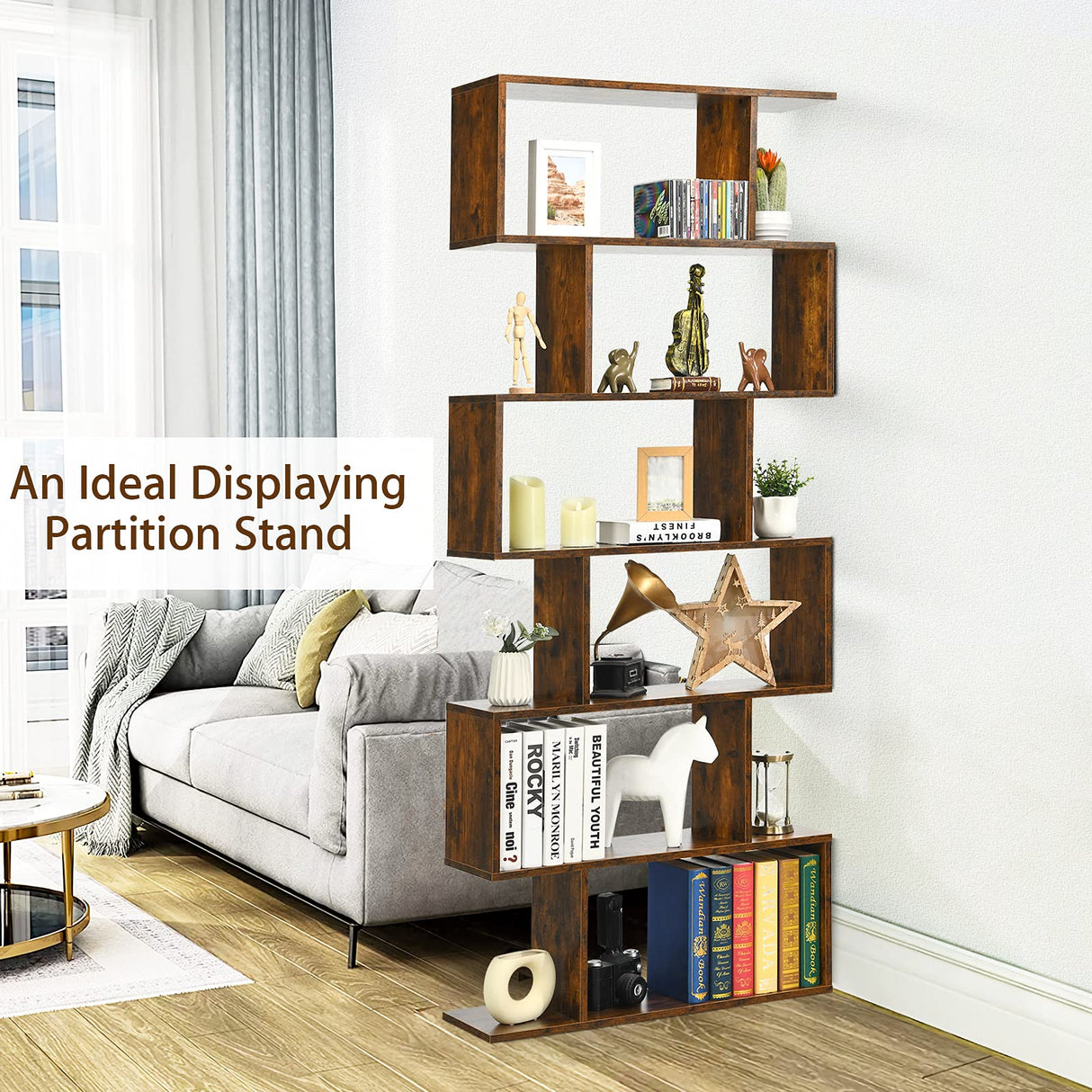 IFANNY 6 Tier Bookshelf, S Shaped Bookcase w/Staggered Storage Shelves, Display Shelf and Room Divider, Librero para Habitacion, Book Shelf for Bedroom, Living Room, Home Office (Rustic Brown) IFANNY