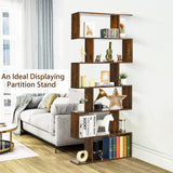 IFANNY 6 Tier Bookshelf, S Shaped Bookcase w/Staggered Storage Shelves, Display Shelf and Room Divider, Librero para Habitacion, Book Shelf for Bedroom, Living Room, Home Office (Rustic Brown) IFANNY