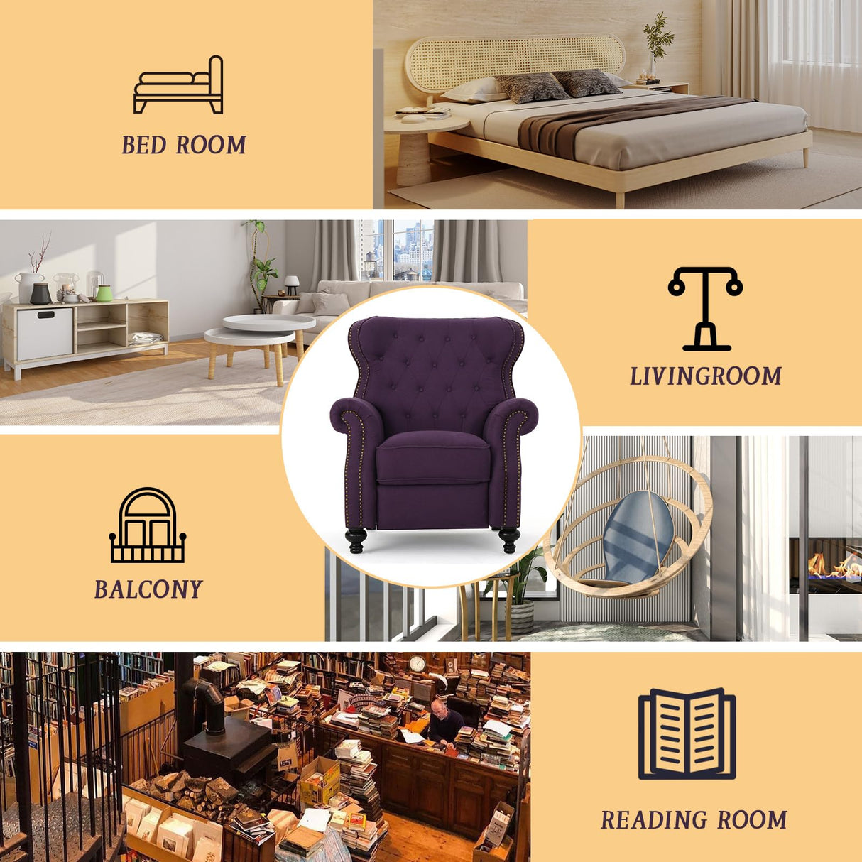 Push Back Recliner Chair, Mid Century Wingback Recliner, Accent Chair with Rivet Decoration, Fabric Push Back Single Sofa for Living Room Adjustable Backrest (Plum) Xinmviec