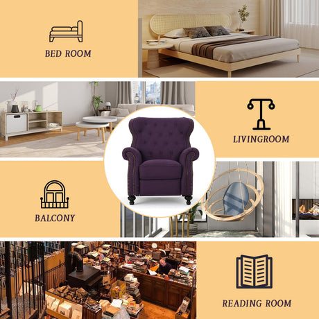 Push Back Recliner Chair, Mid Century Wingback Recliner, Accent Chair with Rivet Decoration, Fabric Push Back Single Sofa for Living Room Adjustable Backrest (Plum) Xinmviec