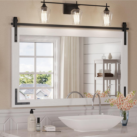 Mestikits Farmhouse Mirror 41x26 Inch, White Rustic Bathroom Mirror, Vanity Wood Framed Rectangular Wall Decor Mirrors for Entryway, Living Room, Bedroom Mestikits