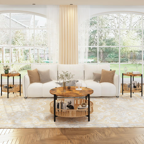 Lamerge 3 Pieces Coffee Table Set for Living Room, Boho Living Room Table Set with Rattan Storage Shelf and Metal Frame, Round Coffee Table & 2 End Side Tables for Apartment Home Office Lamerge