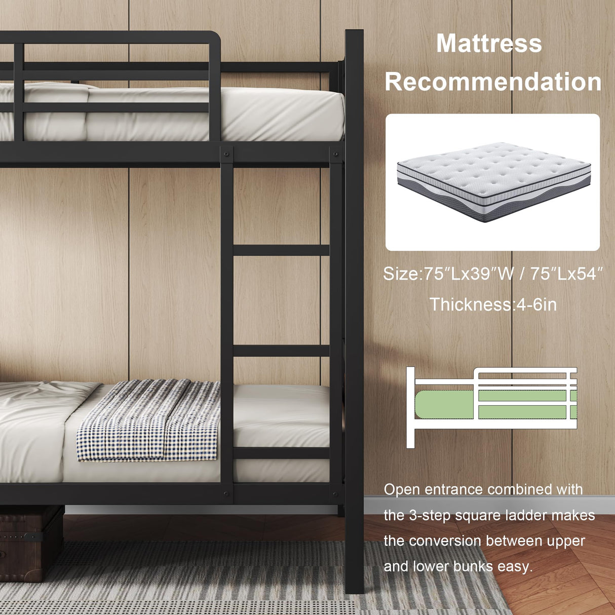 Feonase Metal Bunk Bed Twin Over Twin with Ladder and High Guardrail, Heavy-Duty Bunk Bed Frame with Metal Slats, Noise Free, No Box Spring Needed, for Kids and Juniors, Black Feonase