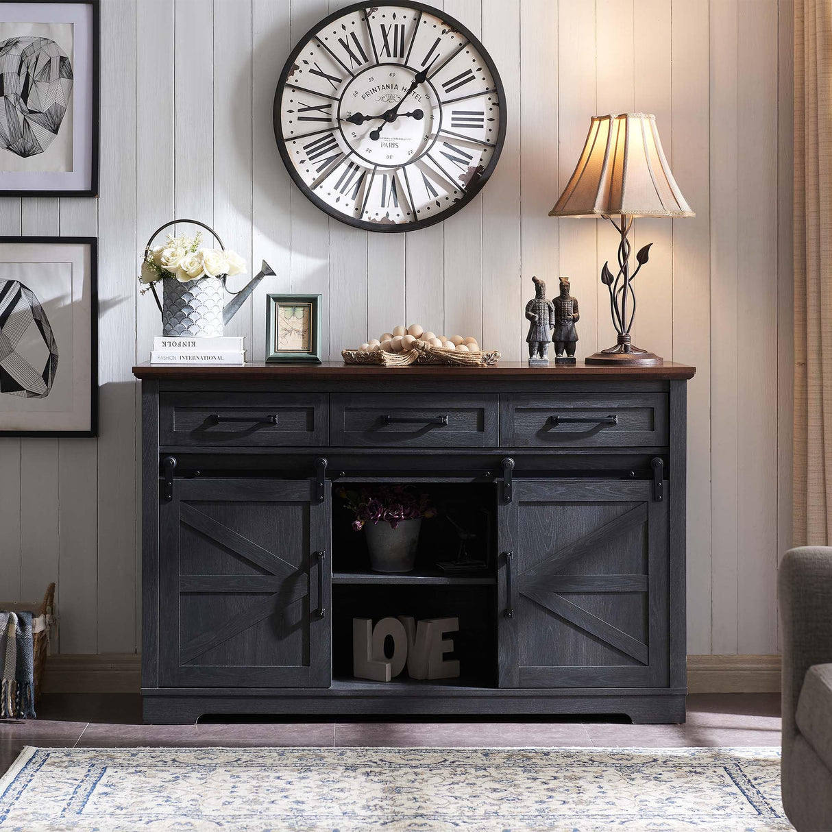 IFGET Farmhouse Buffet Cabinet, 53” Sideboard Cabinet w/3 Drawer, Rustic Storage Cabinets w/Sliding Barn Door, Coffee Bar for Dinning Room, Kitchen, Hallway, and Living Room-Dark Grey IFGET