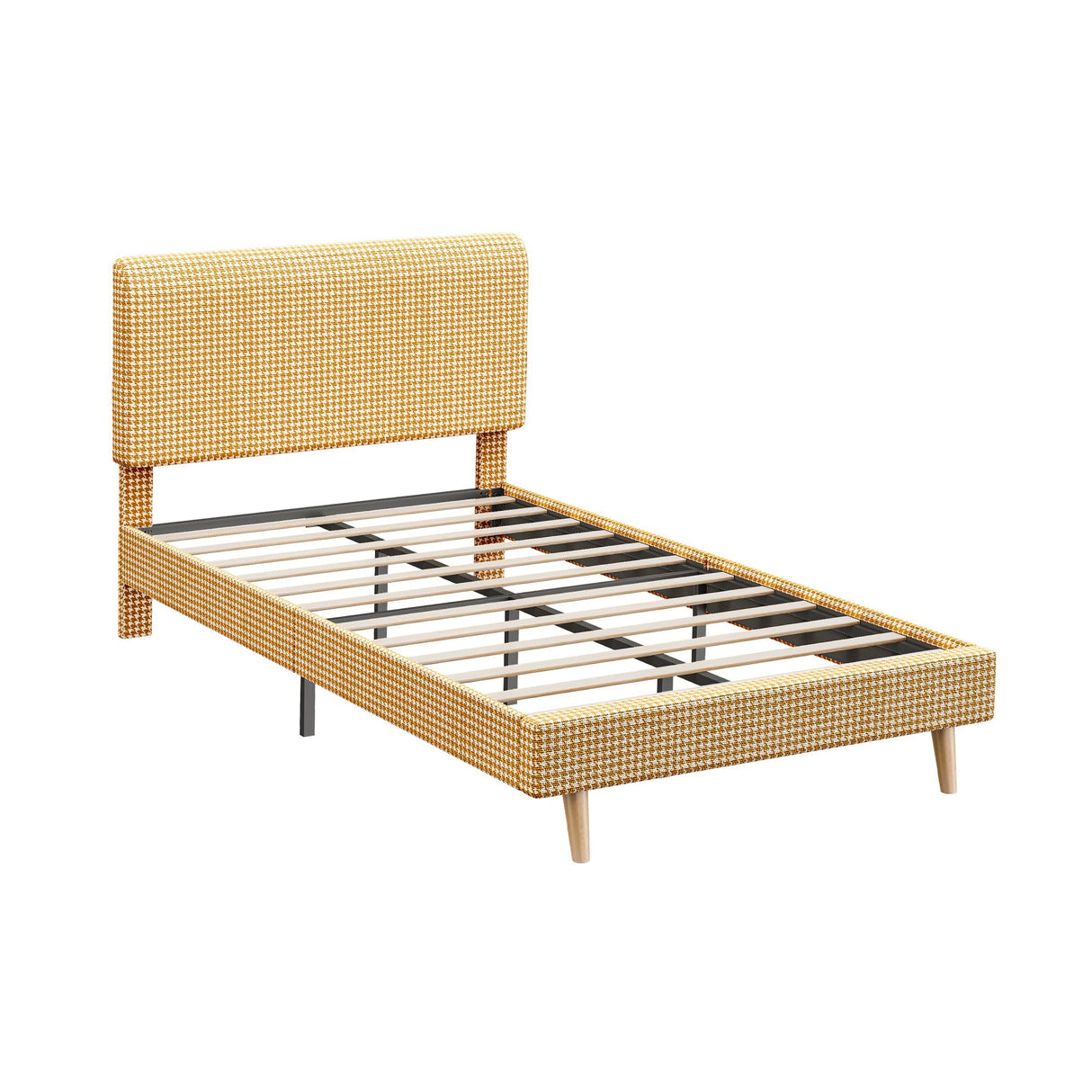 LIKIMIO Twin Size Bed Frame with Headboard, Fully Cotton Upholstered Foundation, Wooden Slats Support, Noise Free, No Box Spring Needed, Easy Assembly, Rustic Yellow and White Checkered LIKIMIO