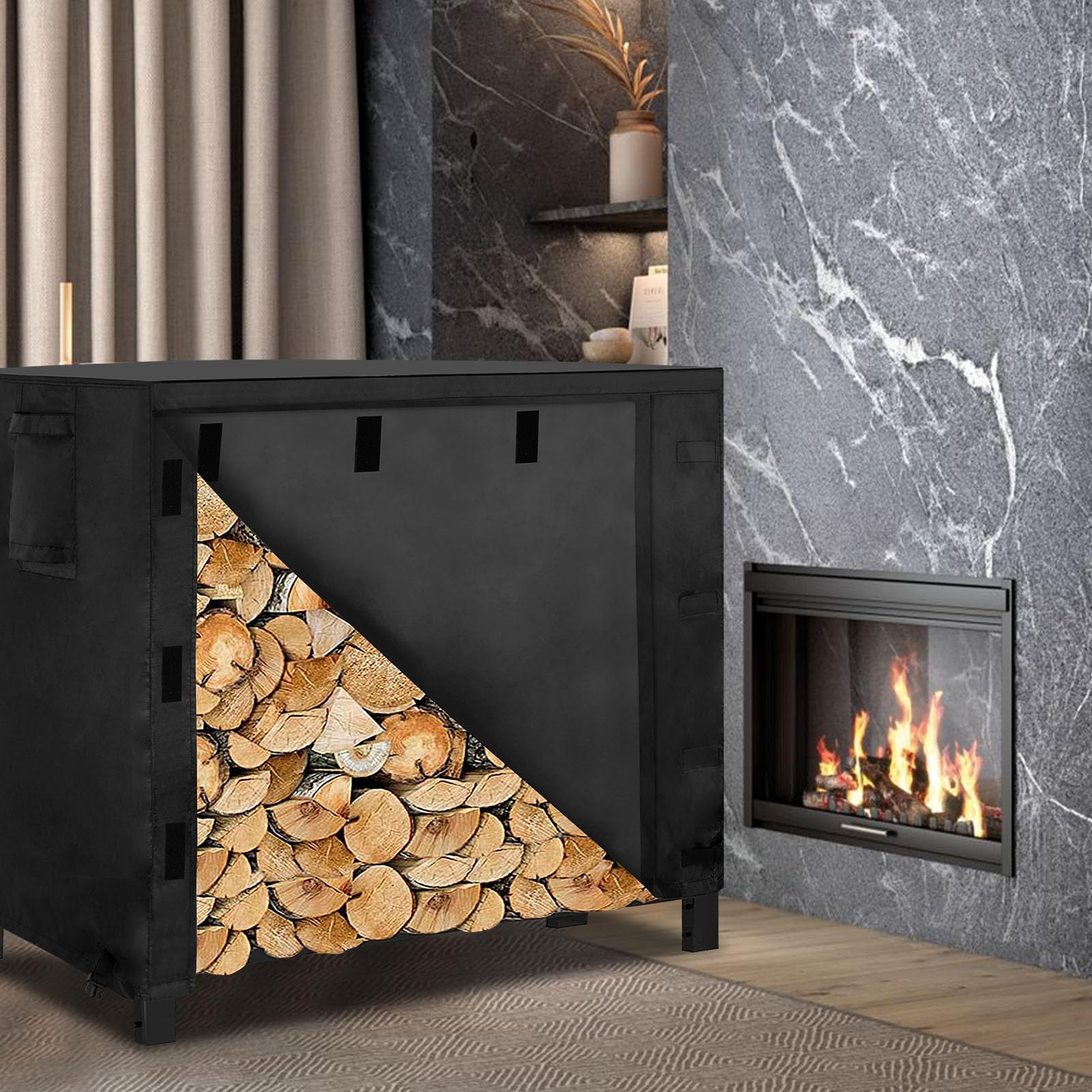 OutdoorLines Firewood Rack Cover, Black, 4FT, 420D Oxford Fabric, Waterproof, Windproof, for 48x24x41in Firewood Holder - WoodArtSupply