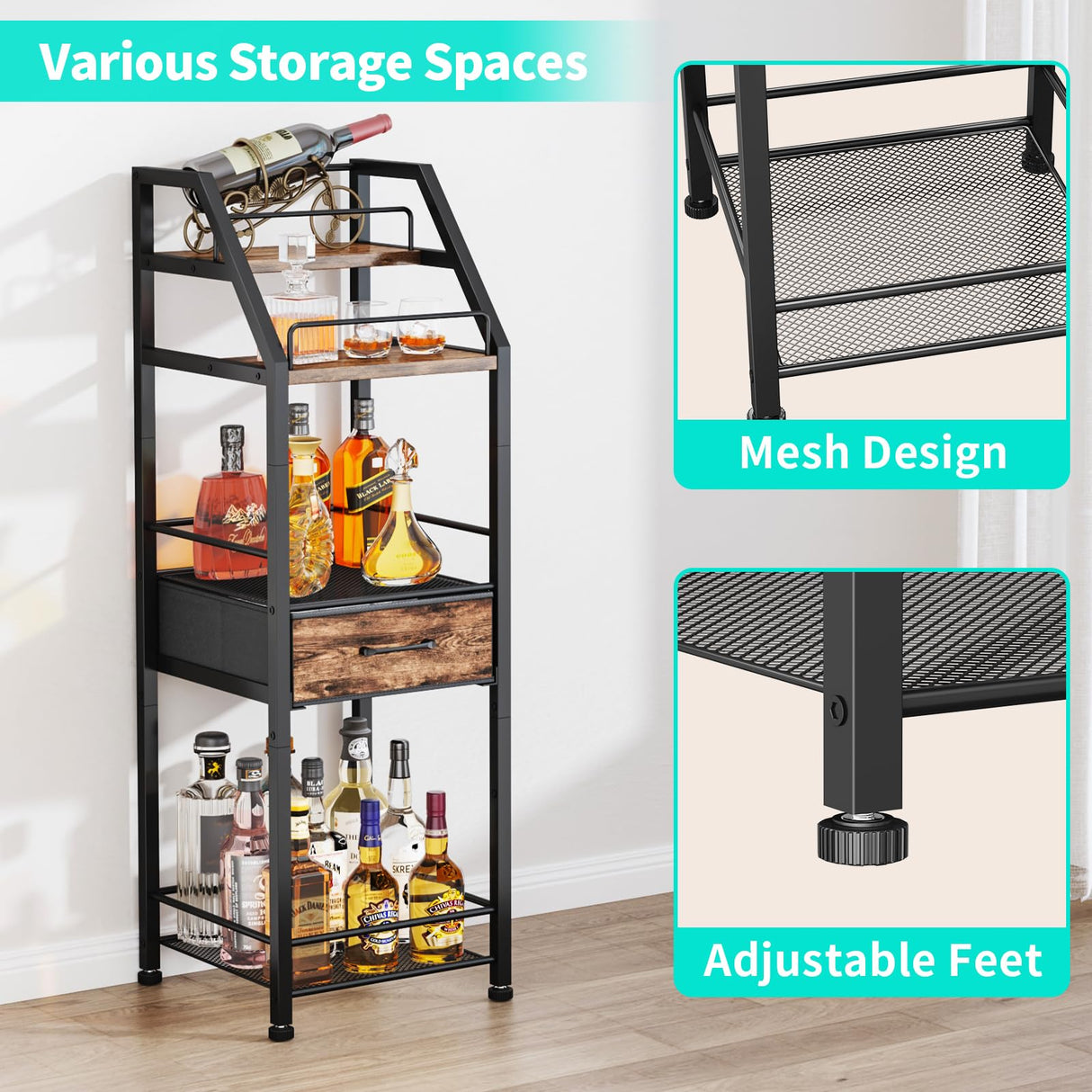 HapiRm Wine Rack Freestanding Floor - 4-Tier Stepped Liquor Cabinet Bar Stand for Home with Fabric Drawer, Wine & Glass Organizer for Living Room, Kitchen, or Dining Room HapiRm