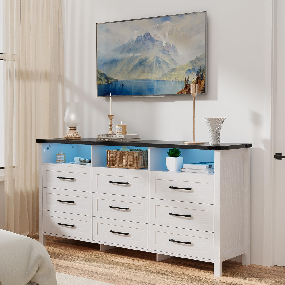 Anbuy White Dresser for Bedroom 12 Drawers with LED Lights, 63" Long Chest of Drawers with Large Drawers, Modern 9 Drawer Dresser with 3 Open Space for Bedroom, Living Room, Entryway,Hallway (White Anbuy