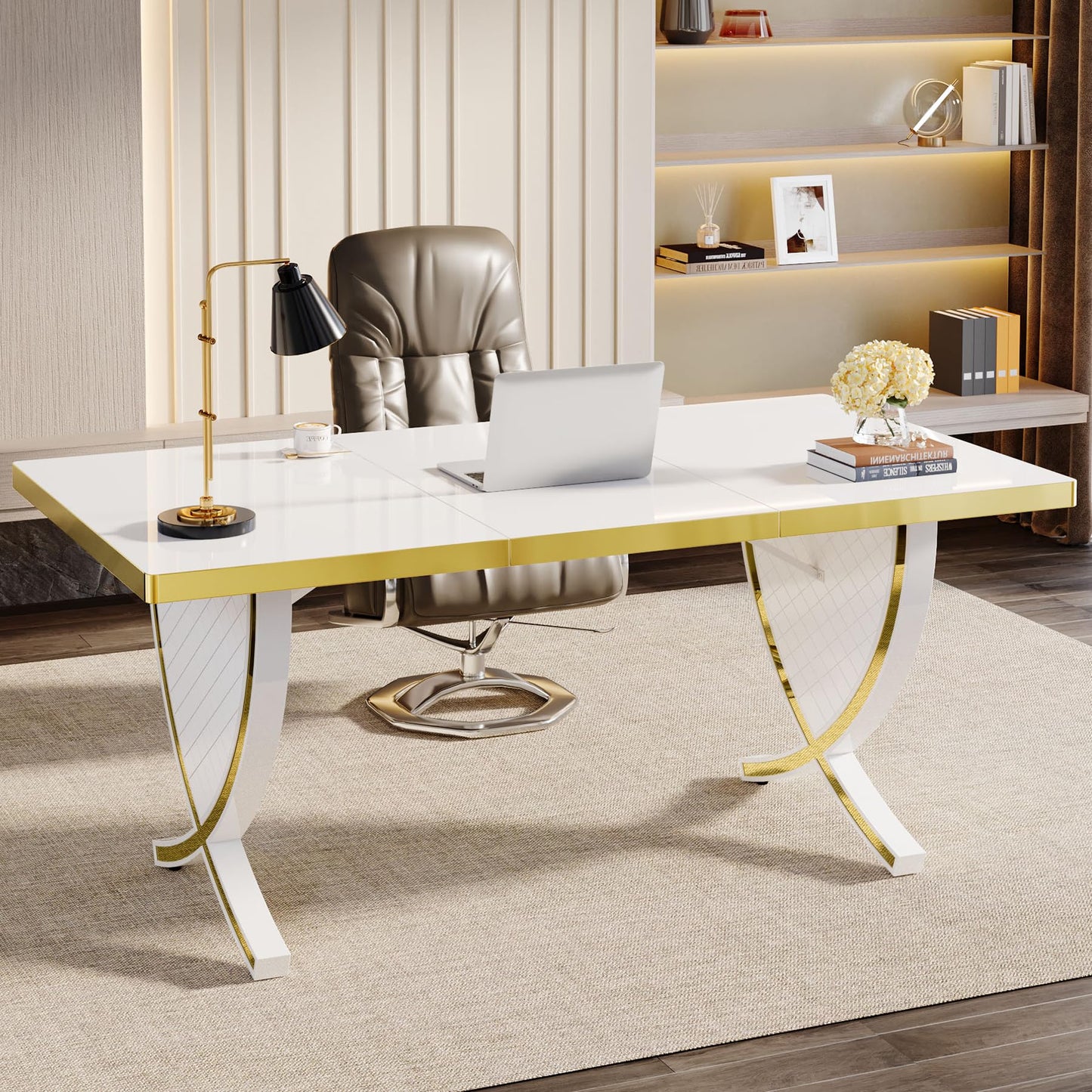 Tribesigns Luxury Modern Office Desk, White and Gold Large 63" Workstation, Elegant Executive Desk with High-Gloss Finish, Sturdy Metal Legs, Perfect for Home Office or Study