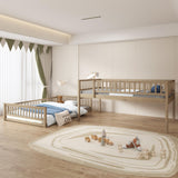 Full XL Over Queen Solid Wood Bunk Bed with Ladder and Guardrails in Walnut Finish BEDGJH