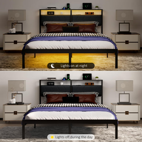 J.Fkne Queen Bed Frame with LED Lights & Charging Station, Metal Platform Bed Frame with 2 Tier Storage Headboard, Under Bed Storage, No Box Spring Needed, Noise Free, Easy Assembly J.Fkne
