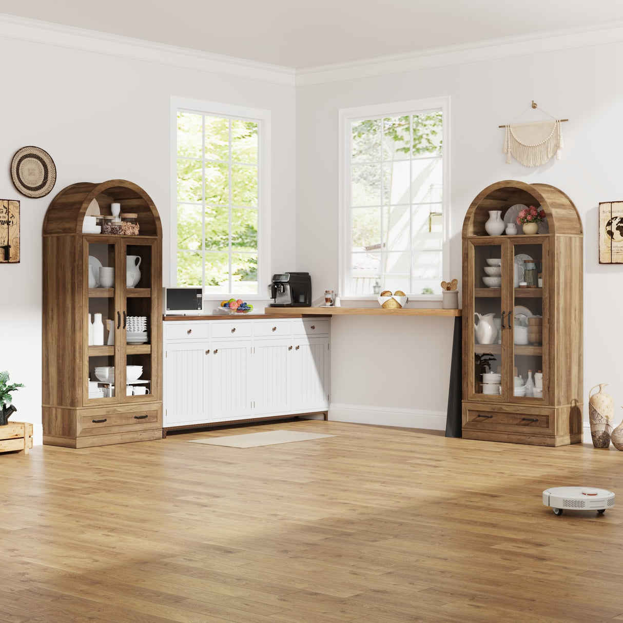 75" Tall Arched Kitchen Pantry Cabinet w Load-Bearing Steel Pipe,Modern Farmhouse Kitchens Storage Cabinet with Drawer and Glass Doors,Tall Arched Bookcase,Pantry Organizer for Living Room(Natural) chartustriable