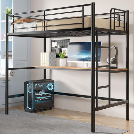VECELO Loft Bed Twin Size with Desk, Metal Bedframe with Removable Ladder and Safety Guardrail, No Box Spring Needed, Space Saving, Noise Free, Dark Black VECELO