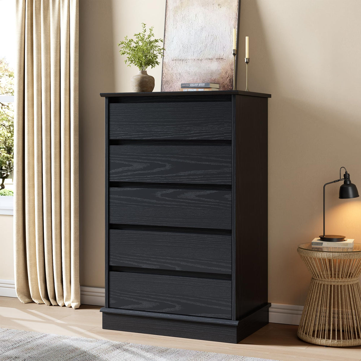 GarveeHome 5 Drawer Dressers for Bedroom, Chest of Drawers with Deep Drawers, Large Double Dresser for Closet with Wide Top, Tall Wooden Dresser for Living Room, Hallway, Kids Room, Black GarveeHome