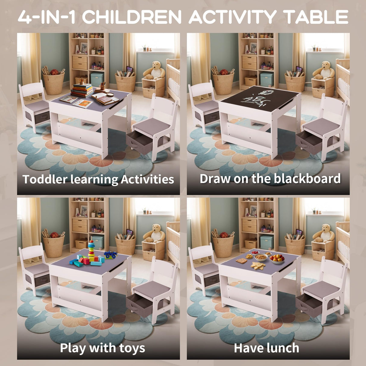 Joyooss Kids Table and Chair Set,4 in 1 Wooden Kids Table and Chairs Ages 3-7,Toddler Table with Storage Kid Desk and Chair Set for Toddlers 2 in 1 Tabletop Joyooss